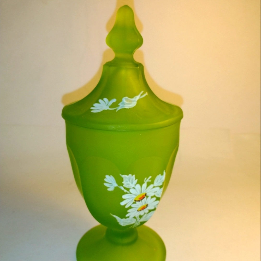 Westmorland  floral frosted green glass decanter.